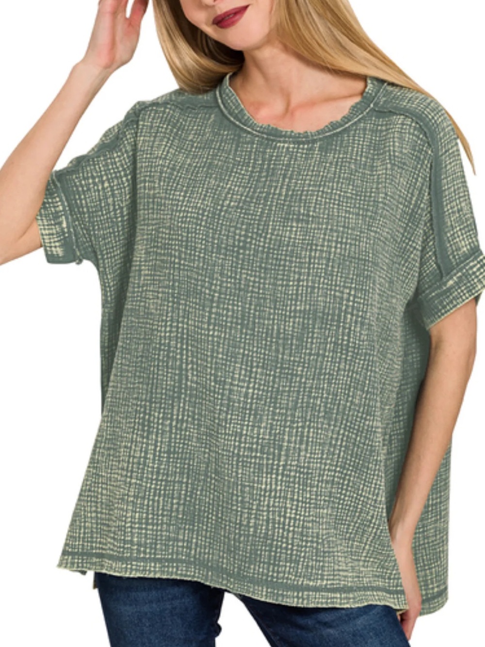 Zenana Gauze Round neck raw edges Ash Jade size Med
